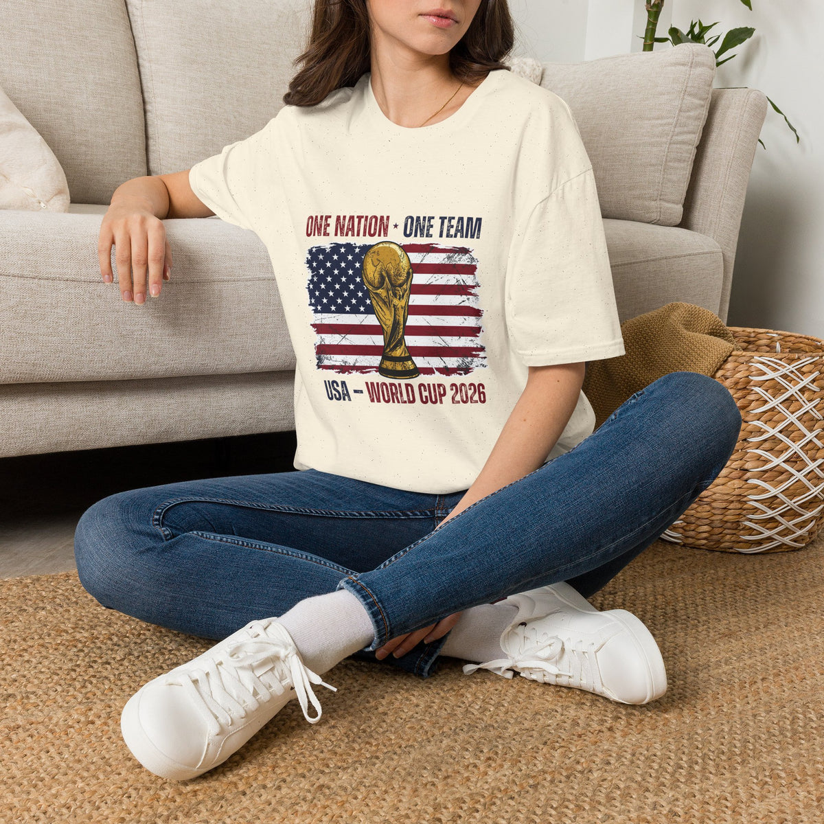 One Nation One Team World Cup T‑Shirt — USA Flag & Trophy Soccer Tee